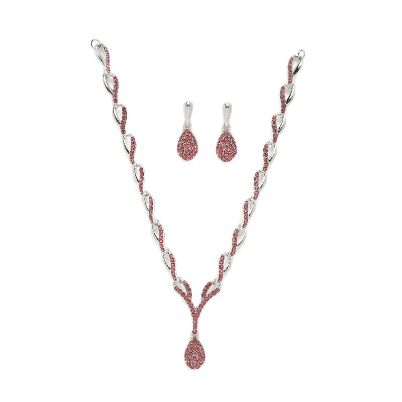 Silver-Plated Pink & White Cubic Zirconia Studded Teardrop Shaped Necklace with Earrings Jewellery Set
