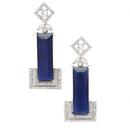 Rhodium-Plated Navy Blue American Diamond studded Rectangular Shaped Drop Earrings