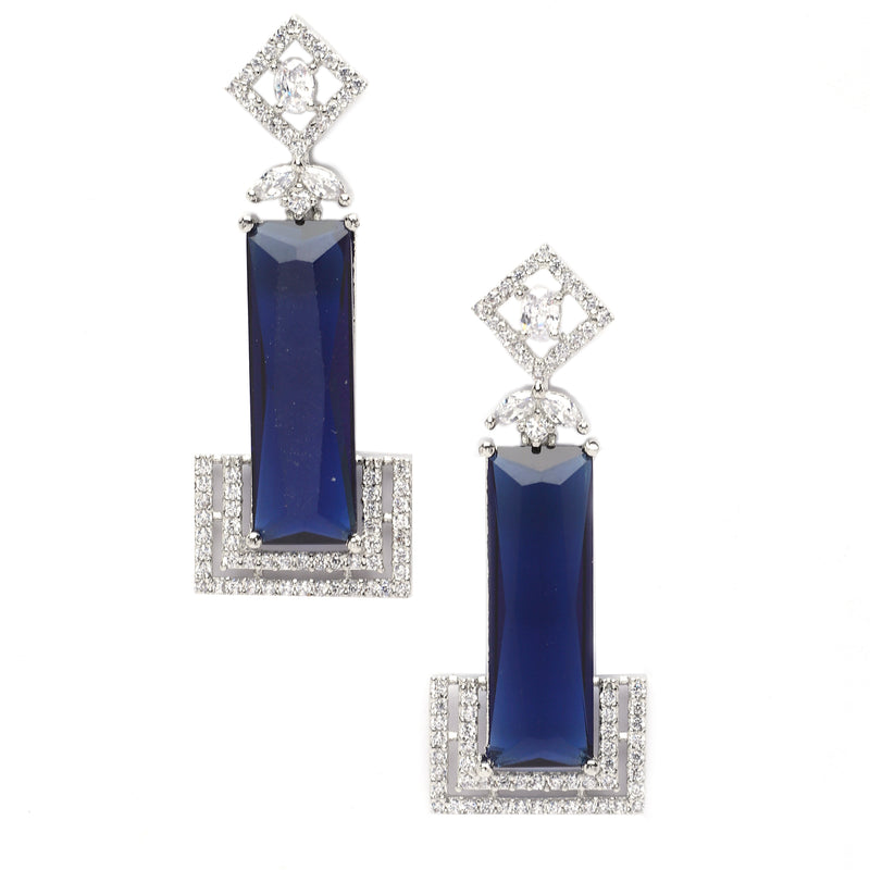 Rhodium-Plated Navy Blue American Diamond studded Rectangular Shaped Drop Earrings