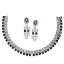 Rhodium-Plated Navy Blue Round Shape American Diamonds Studded Necklace & Earrings