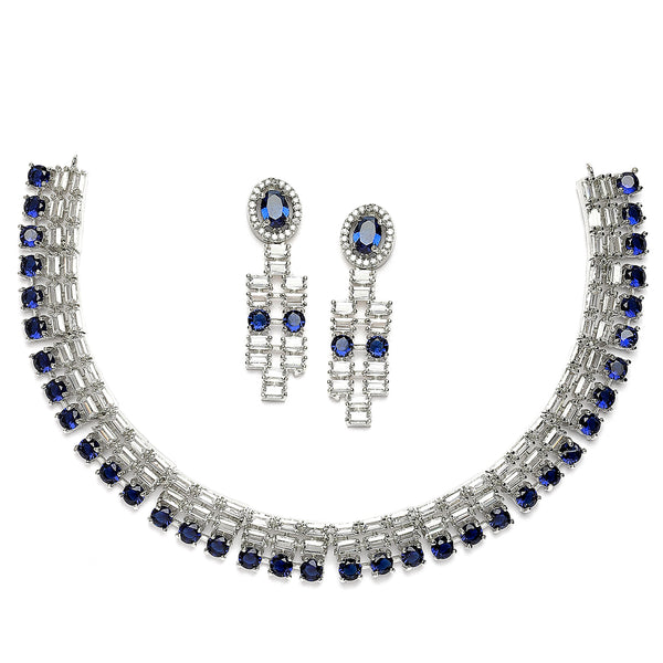 Rhodium-Plated Navy Blue Round Shape American Diamonds Studded Necklace & Earrings