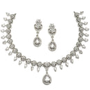 Rhodium-Plated White American Diamond Studded Floral & Teardrop Shaped Necklace & Earrings Jewellery Set