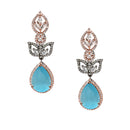 Rose Gold-Plated Gunmetal Toned Sky Blue American Diamond studded Teardrop & Leaf Shaped Drop Earrings