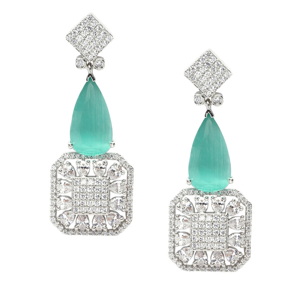 Rhodium-Plated Sea Green & White American Diamond studded Square & Teardrop Drop Earrings