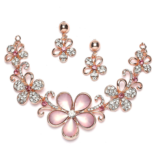 Rose Gold-Plated Pink American Diamonds Studded Floweret Necklace & Earrings Jewellery Set