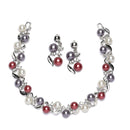 Silver-Plated Red & White Artificial Stones Studded Leafy Shaped Necklace with Earrings Jewellery Set