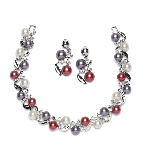 Silver-Plated Red & White Artificial Stones Studded Leafy Shaped Necklace with Earrings Jewellery Set