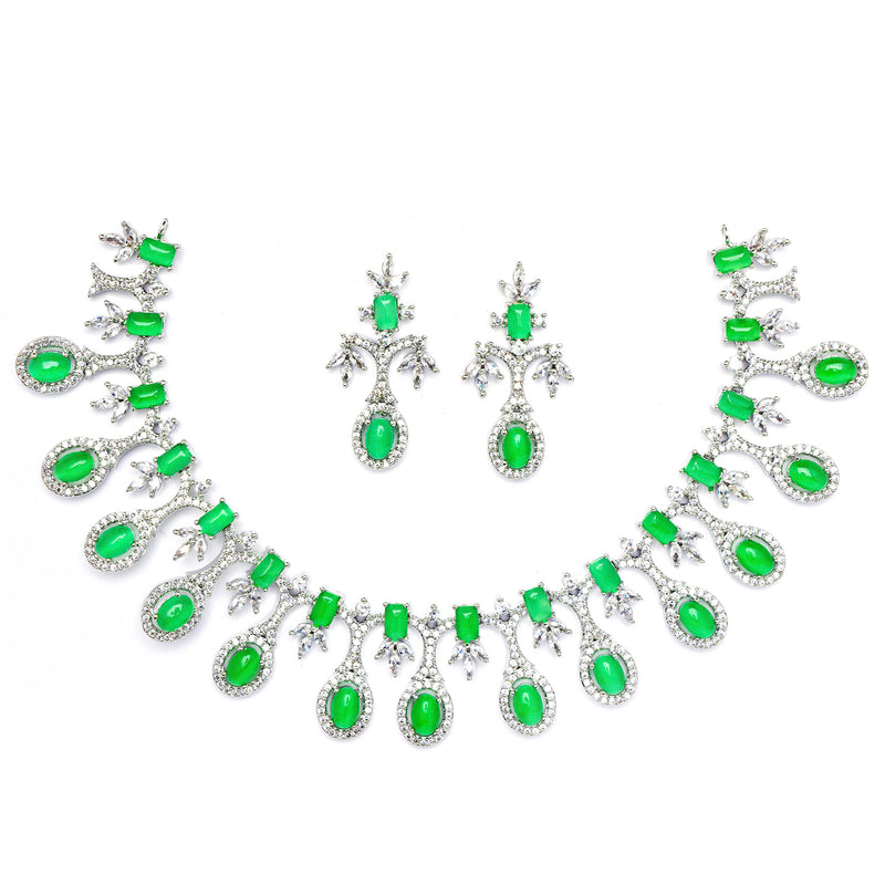 Rhodium-Plated Lime Green American Diamond Studded Designer Necklace & Earrings Jewellery Set