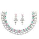 Rhodium-Plated Sea Green & Pink American Diamond Studded Triangular Design Necklace & Earrings Jewellery Set