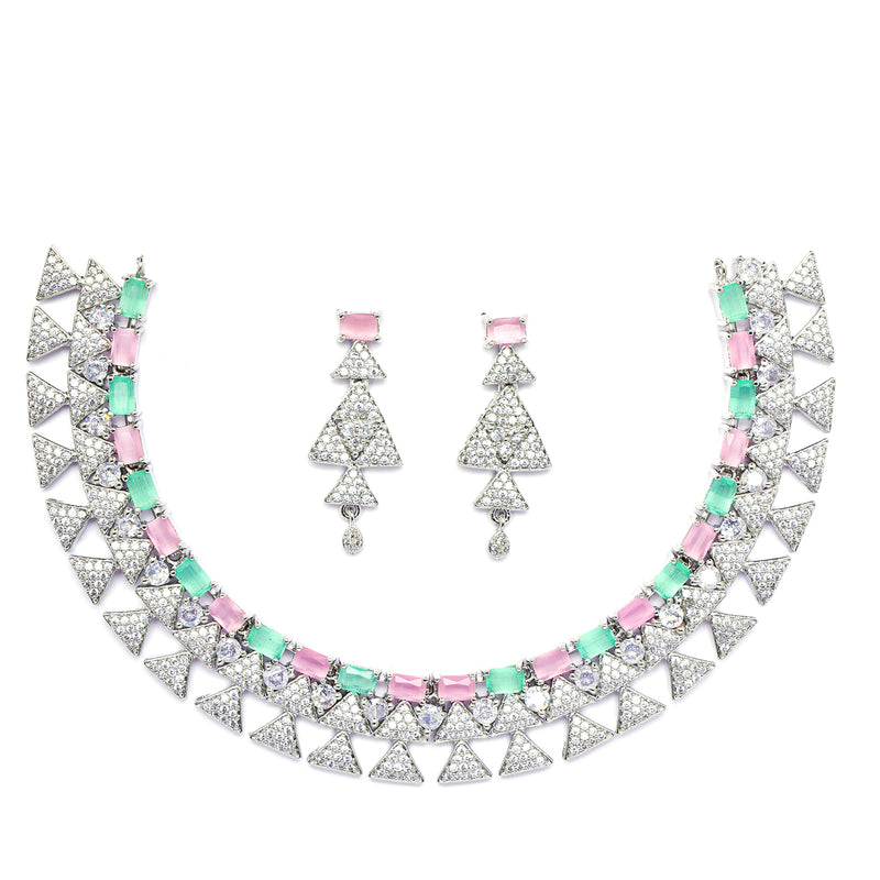 Rhodium-Plated Sea Green & Pink American Diamond Studded Triangular Design Necklace & Earrings Jewellery Set