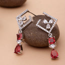 Rhodium-Plated Red & White American Diamond studded Square & Teardrop Shaped Contemporary Drop Earrings