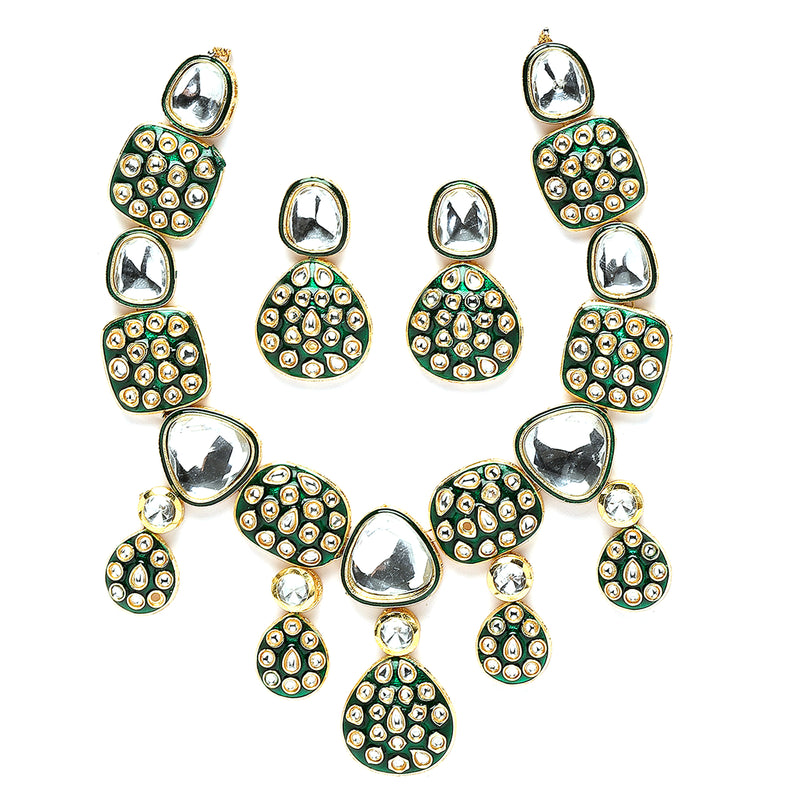 Gold-Plated Kundan Studded Green Enamelled Necklace With Earrings Jewellery Set