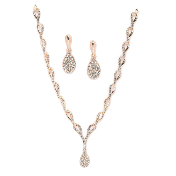 Rose Gold-Plated White Cubic Zirconia Studded Teardrop Shaped Necklace with Earrings Jewellery Set