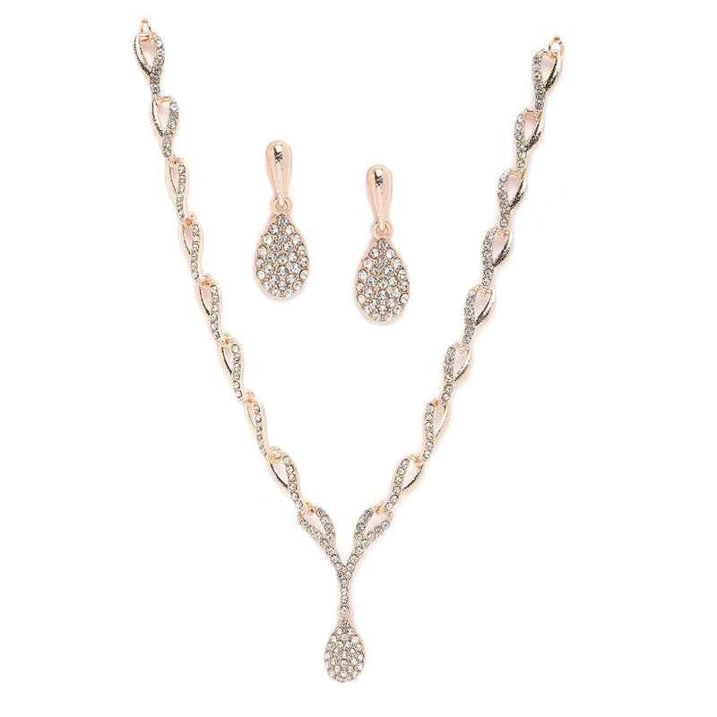 Rose Gold-Plated White Cubic Zirconia Studded Teardrop Shaped Necklace with Earrings Jewellery Set