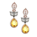Rose Gold-Plated Gunmetal Toned Sapphire Yellow American Diamond studded Teardrop & Leaf Shaped Drop Earrings