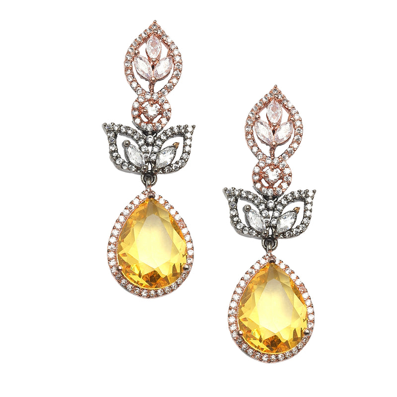 Rose Gold-Plated Gunmetal Toned Sapphire Yellow American Diamond studded Teardrop & Leaf Shaped Drop Earrings