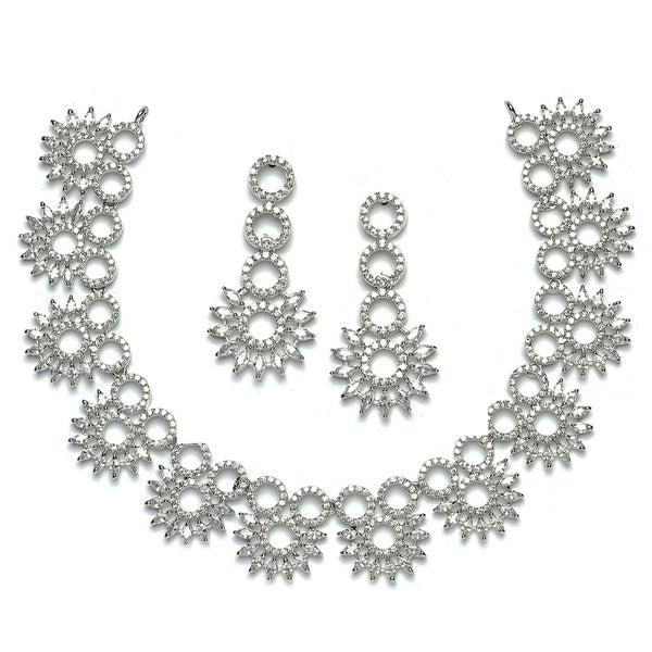 Rhodium-Plated White American Diamond Studded Classic Necklace with Earrings Jewellery Set