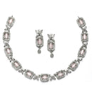 Rhodium-Plated Pink American Diamonds Studded Cubical Necklace & Earrings Jewellery Set
