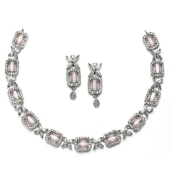 Rhodium-Plated Pink American Diamonds Studded Cubical Necklace & Earrings Jewellery Set
