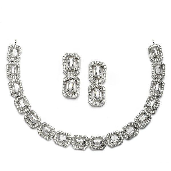Rhodium-Plated White American Diamonds Studded Quadrate Shaped Necklace & Earrings Jewellery Set