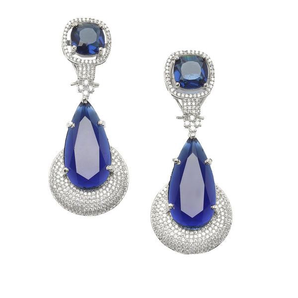 Rhodium-Plated Navy Blue & White American Diamond studded Teardrop Drop Earrings