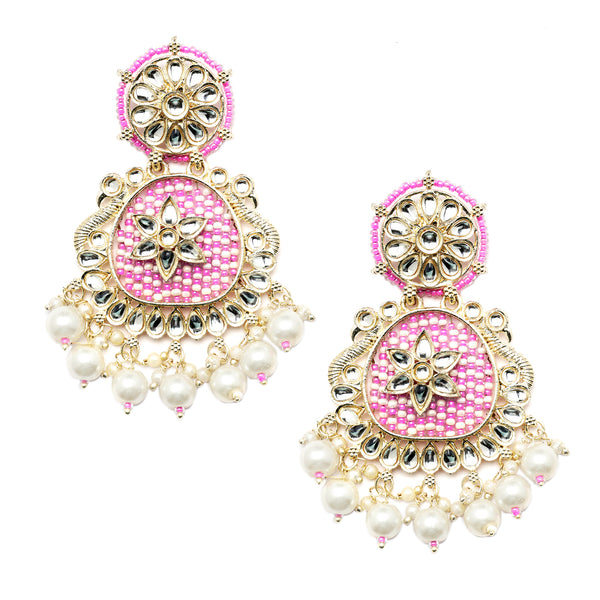 Gold-Plated Pink Beads White Pearls & Kundan studded Handcrafted Peacock Shaped Drop Earrings