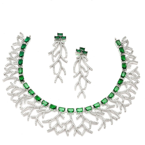 Rhodium-Plated Green American Diamond Studded Eccentric Design Necklace & Earrings Jewellery Set
