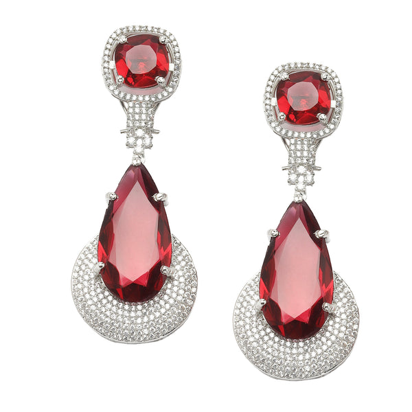 Rhodium-Plated Red & White American Diamond studded Teardrop Drop Earrings