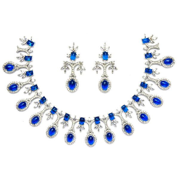 Rhodium-Plated Navy Blue American Diamond Studded Designer Necklace & Earrings Jewellery Set