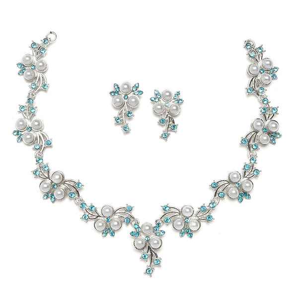 Silver-Plated Blue Cubic Zirconia & White Pearls Studded Jewellery Set