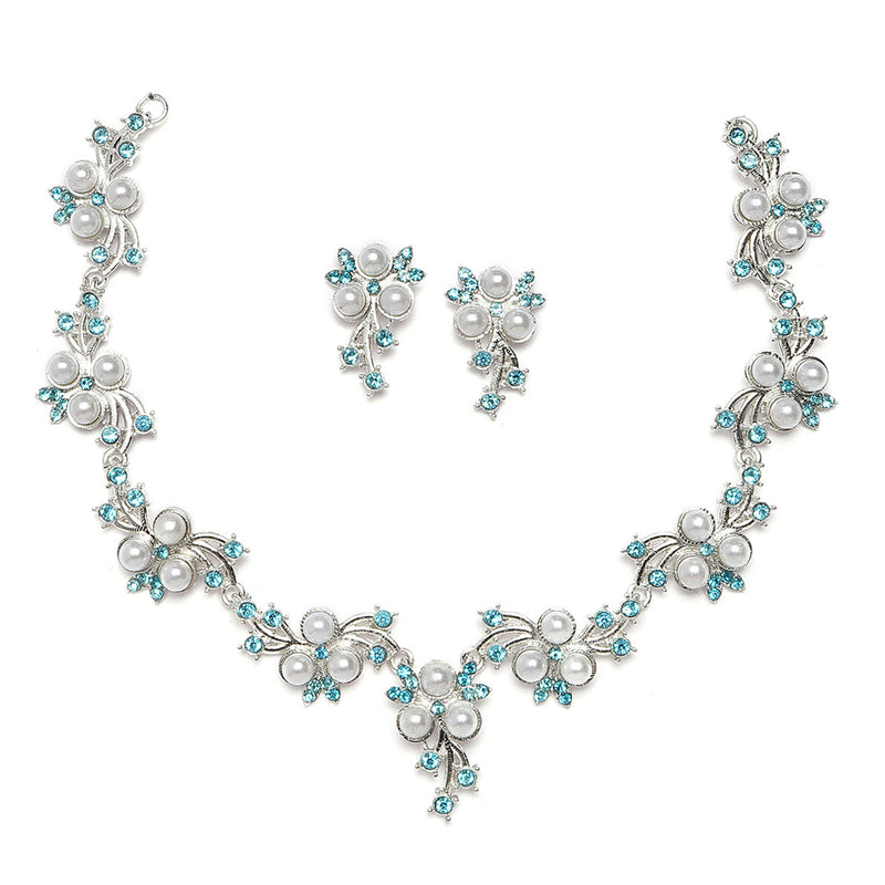 Silver-Plated Blue Cubic Zirconia & White Pearls Studded Jewellery Set