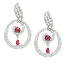 Rhodium-Plated Red & White American Diamond studded Oval Shaped Drop Earrings