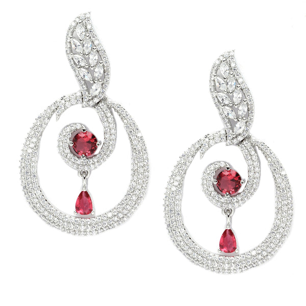 Rhodium-Plated Red & White American Diamond studded Oval Shaped Drop Earrings
