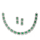 Rhodium-Plated Green American Diamonds Studded Quadrate Shaped Necklace & Earrings Jewellery Set
