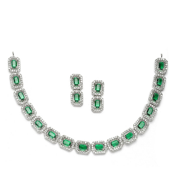 Rhodium-Plated Green American Diamonds Studded Quadrate Shaped Necklace & Earrings Jewellery Set
