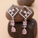 Rhodium-Plated Pink & White American Diamond studded Square & Teardrop Shaped Contemporary Drop Earrings