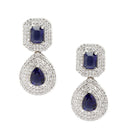 Rhodium-Plated Navy Blue & White American Diamond studded Square & Teardrop Shaped Drop Earrings