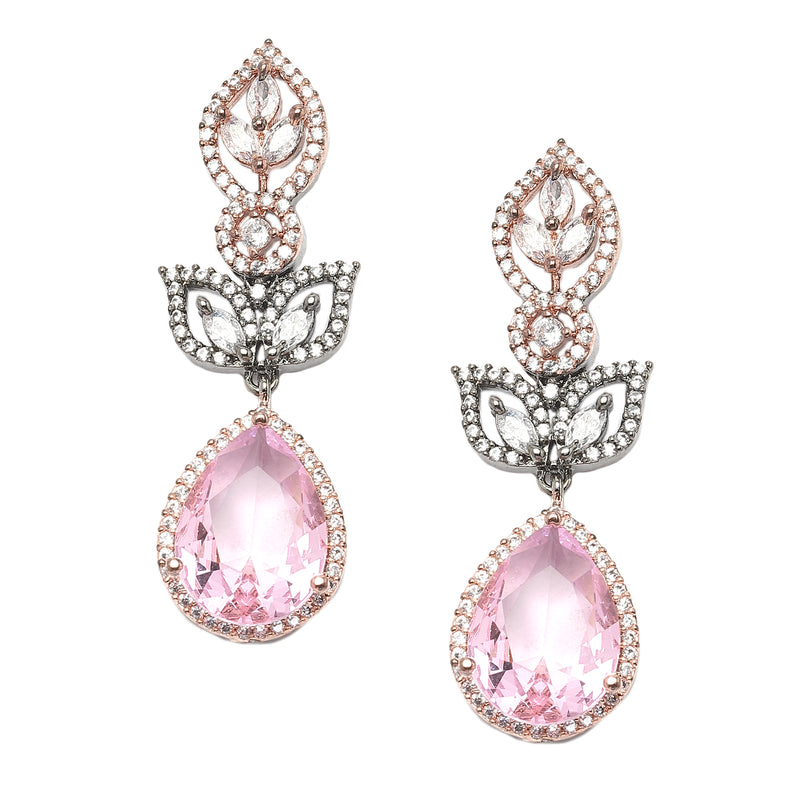 Rose Gold-Plated Gunmetal Toned Magenta American Diamond studded Teardrop & Leaf Shaped Drop Earrings