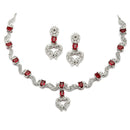 Rhodium-Plated Red American Diamond Studded Heart Shaped Necklace & Earrings Jewellery Set