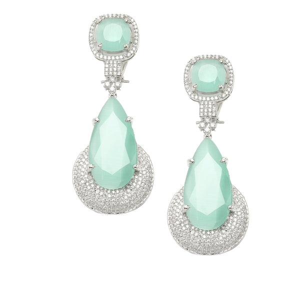 Rhodium-Plated Sea Green & White American Diamond studded Teardrop Drop Earrings