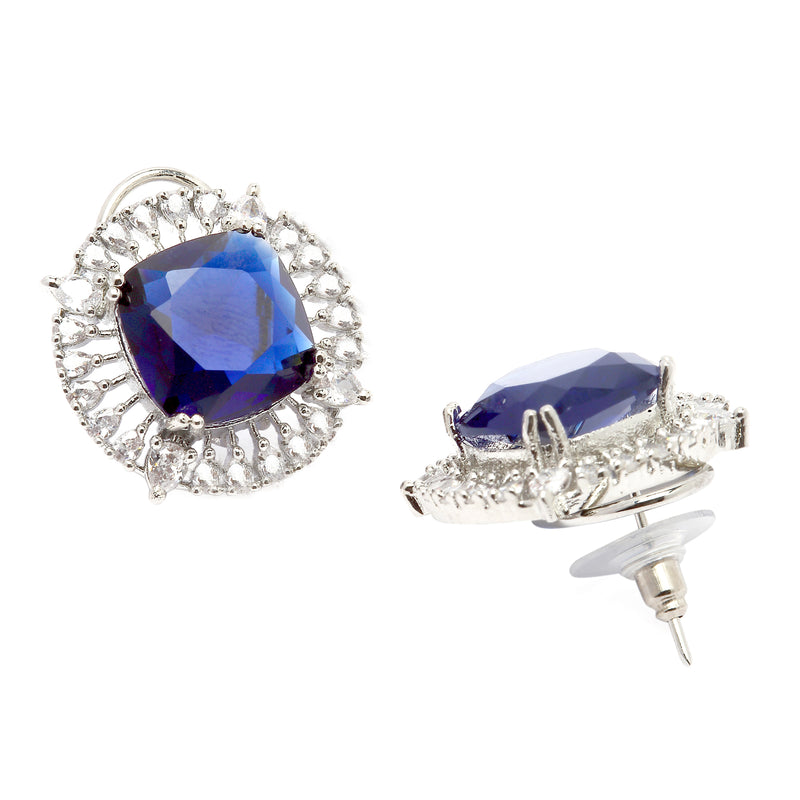 Rhodium-Plated Navy Blue & White American Diamond studded Contemporary Round Stud Earrings