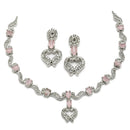 Rhodium-Plated Pink American Diamond Studded Heart Shaped Necklace & Earrings Jewellery Set