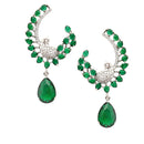Rhodium-Plated Green American Diamond studded Peacock & Feather Shaped Drop Earrings