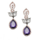 Rose Gold-Plated Gunmetal Toned Purple American Diamond studded Teardrop & Leaf Shaped Drop Earrings