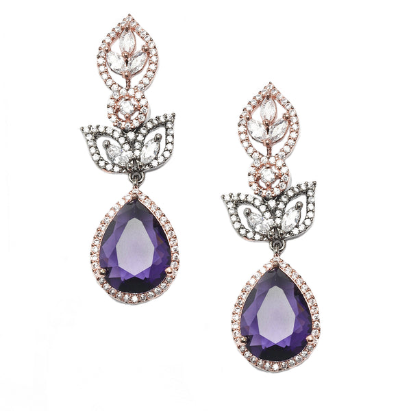 Rose Gold-Plated Gunmetal Toned Purple American Diamond studded Teardrop & Leaf Shaped Drop Earrings