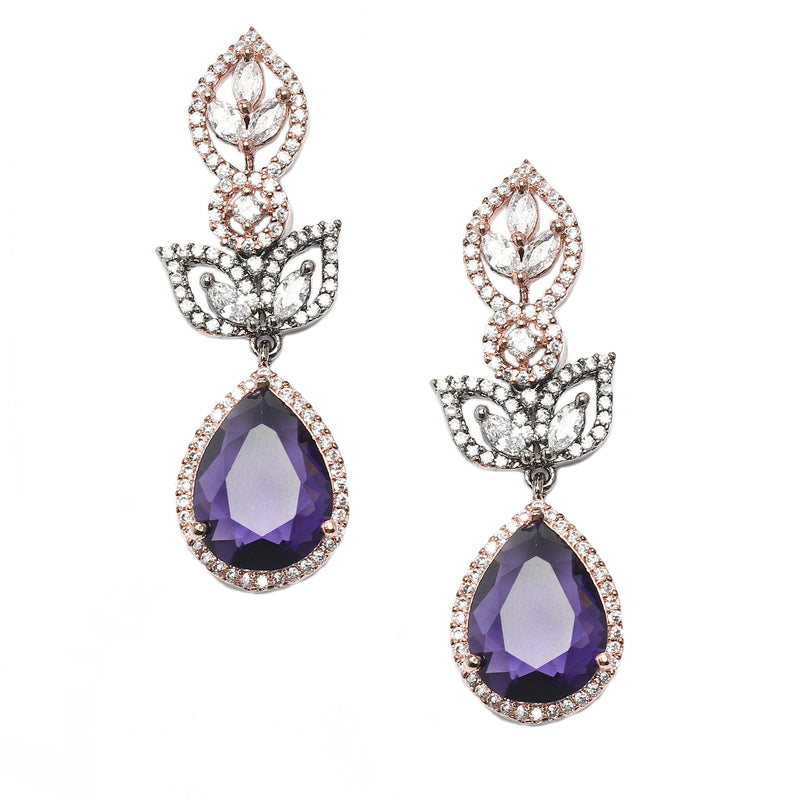 Rose Gold-Plated Gunmetal Toned Purple American Diamond studded Teardrop & Leaf Shaped Drop Earrings