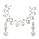 Rhodium-Plated Sea Green American Diamond Studded Outlandish Design Necklace & Earrings Jewellery Set