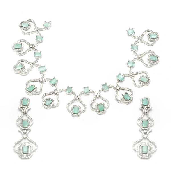 Rhodium-Plated Sea Green American Diamond Studded Outlandish Design Necklace & Earrings Jewellery Set