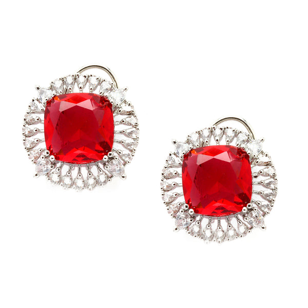 Rhodium-Plated Red & White American Diamond studded Contemporary Round Stud Earrings