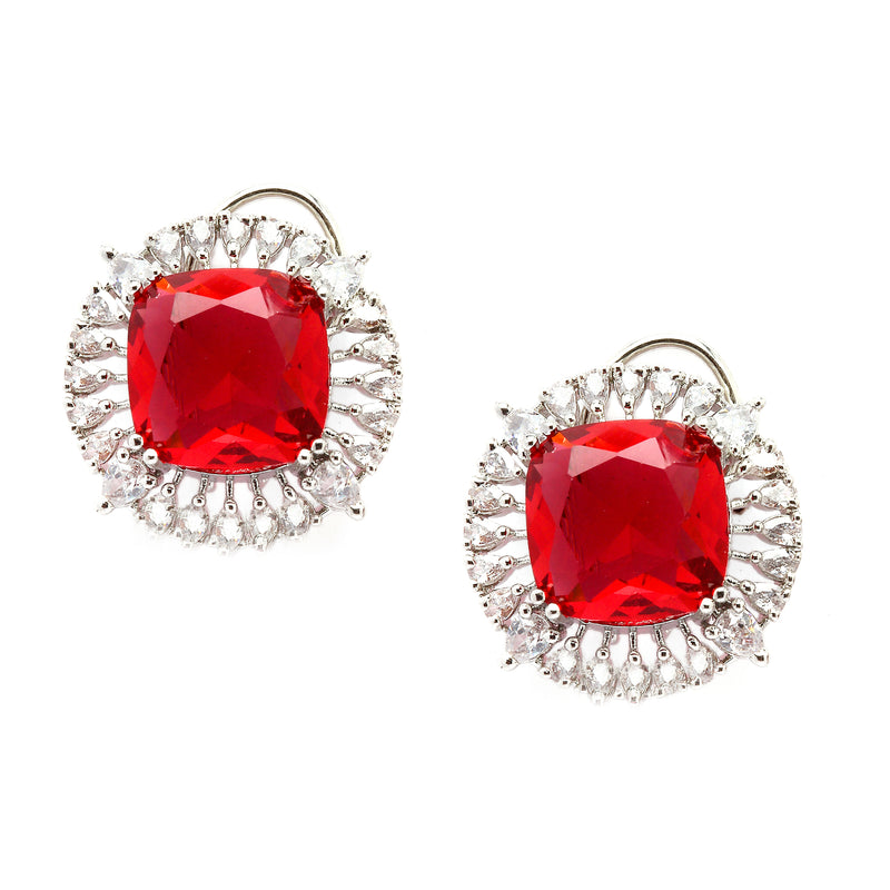Rhodium-Plated Red & White American Diamond studded Contemporary Round Stud Earrings